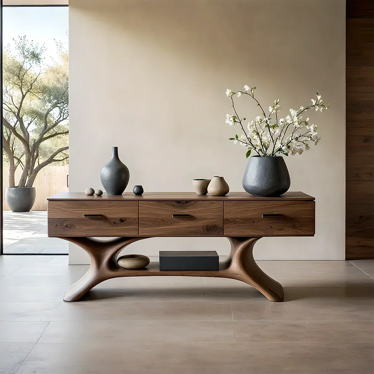 Entryway Console Table in Natural Solid Wood with Storage Drawers for Modern Homes