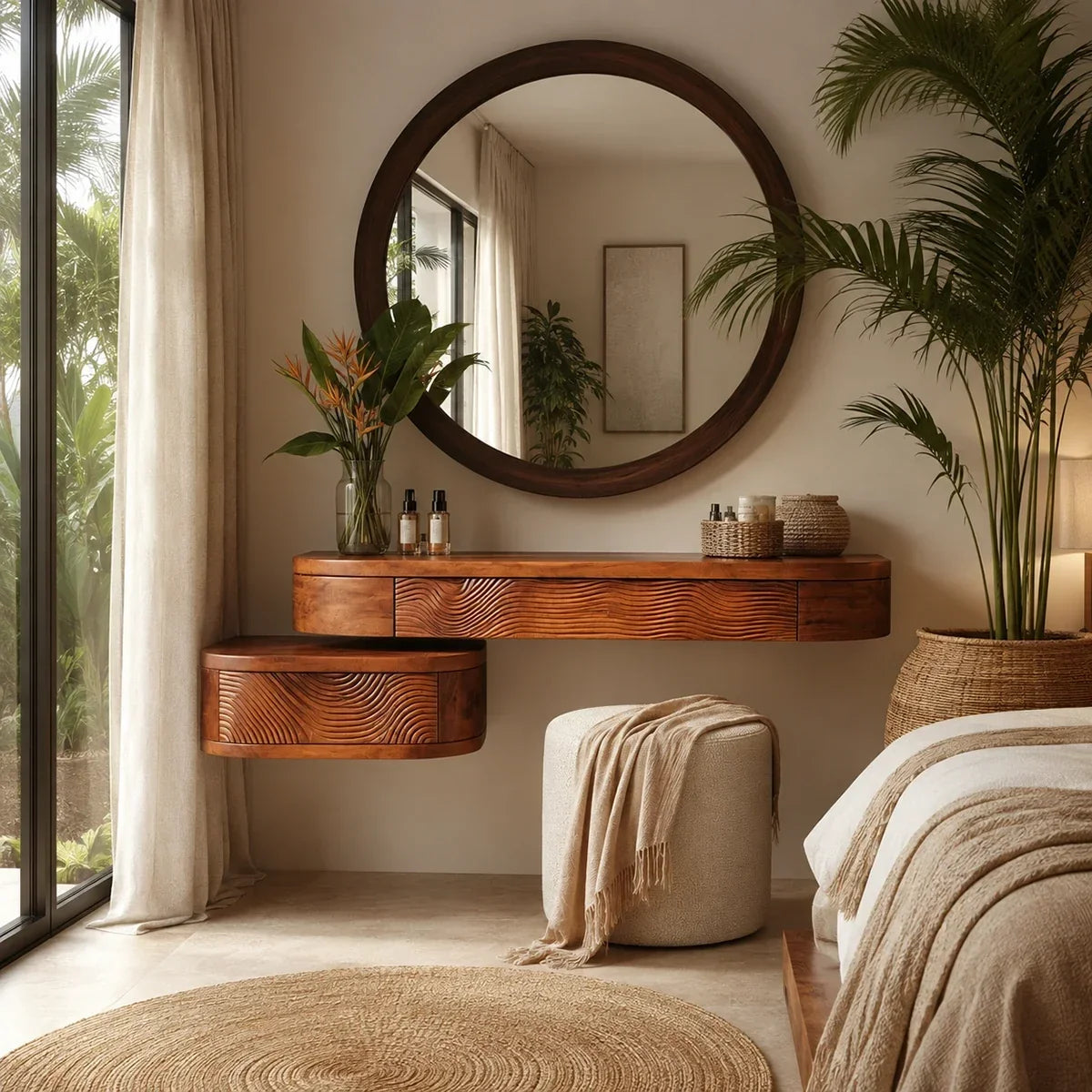 Wall Mounted Makeup Vanity With Two Drawers and Natural Solid Wood Form