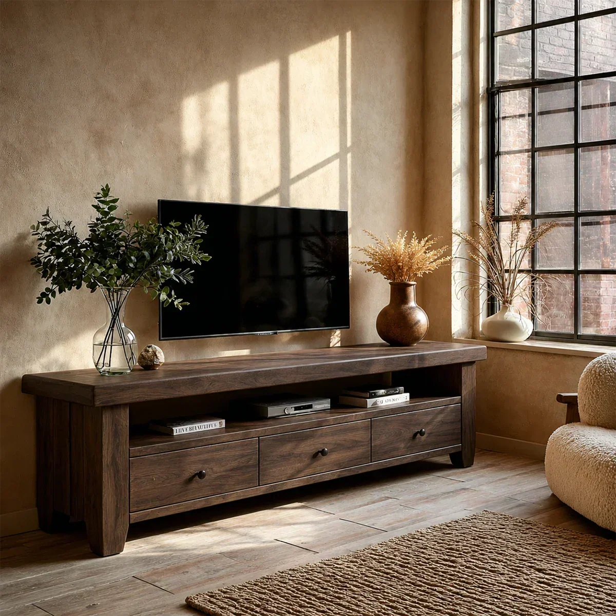 Modern Natural Wood TV Stand with Three Drawers and Open Shelf Storage for Living Room