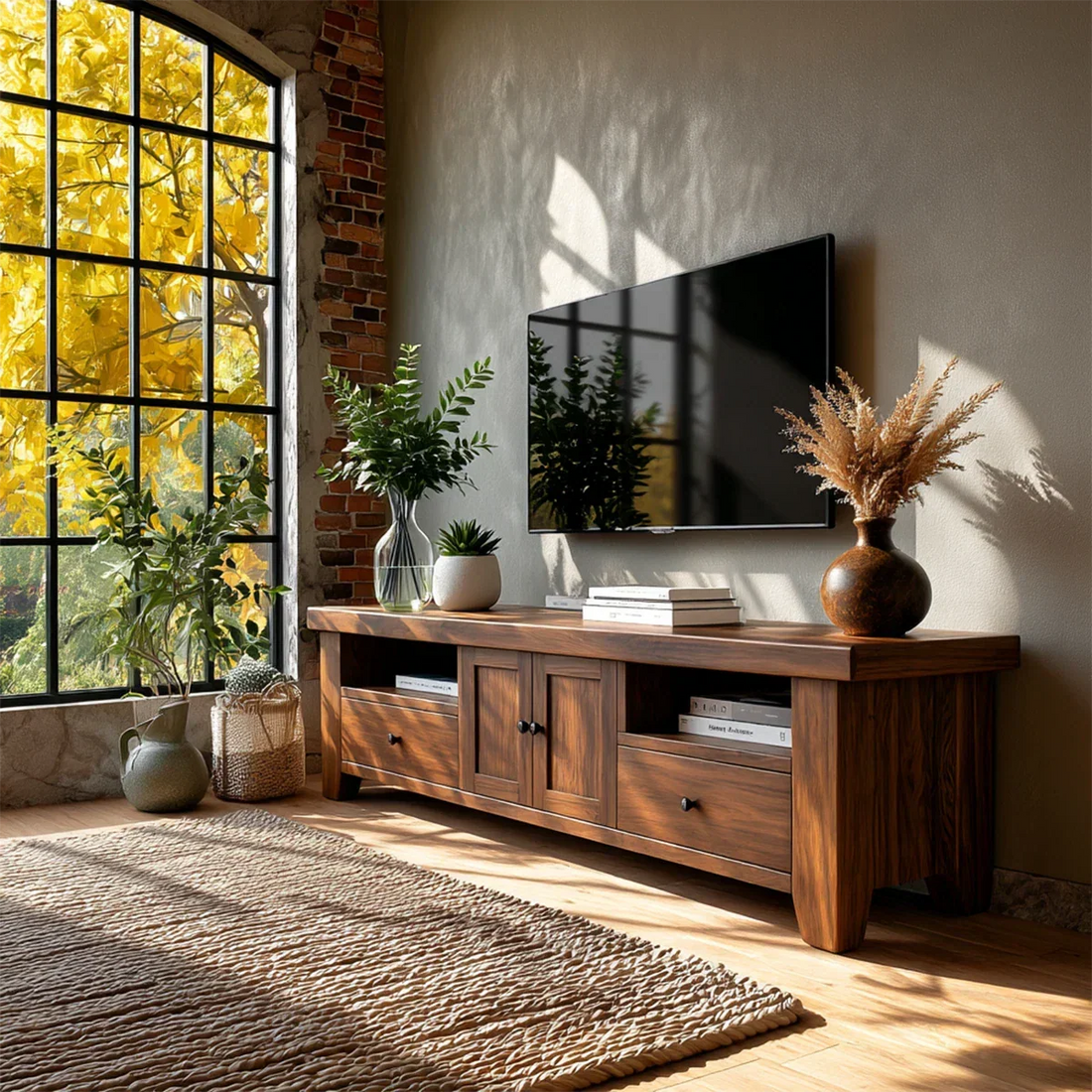 Natural Wood TV Stand with Drawers, Center Cabinet and Open Shelf for Modern Living Room
