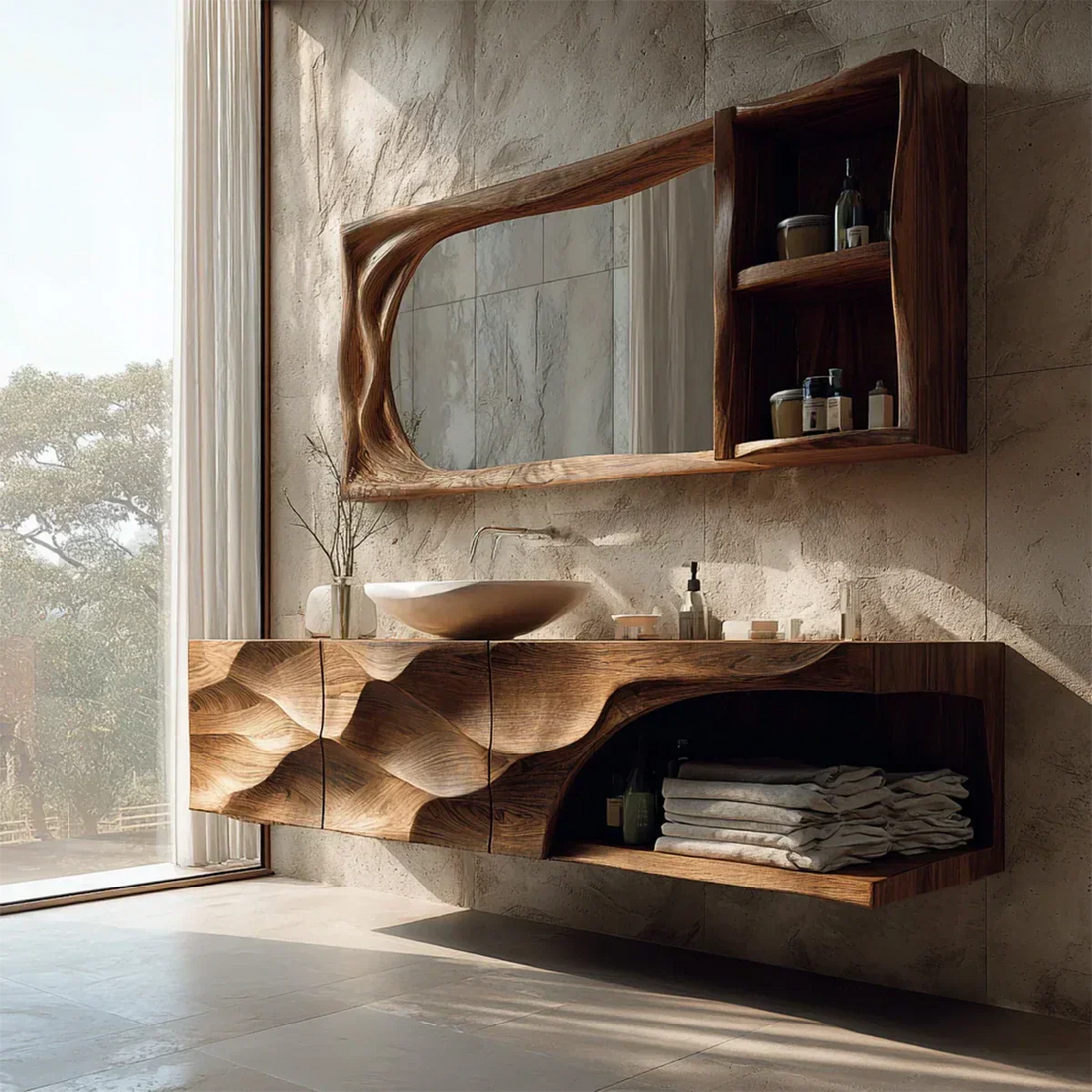 Sculptural Floating Natural Solid Wood Bathroom Vanity With Carved Front