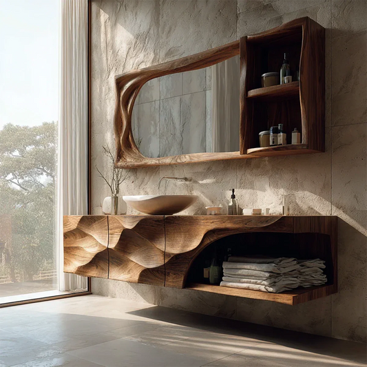 Sculptural Floating Natural Solid Wood Bathroom Vanity With Carved Front