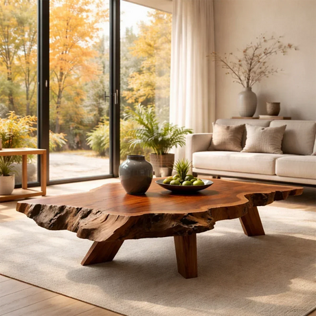 Solid Wood Coffee Table with Live Edge Slab and Rustic Base
