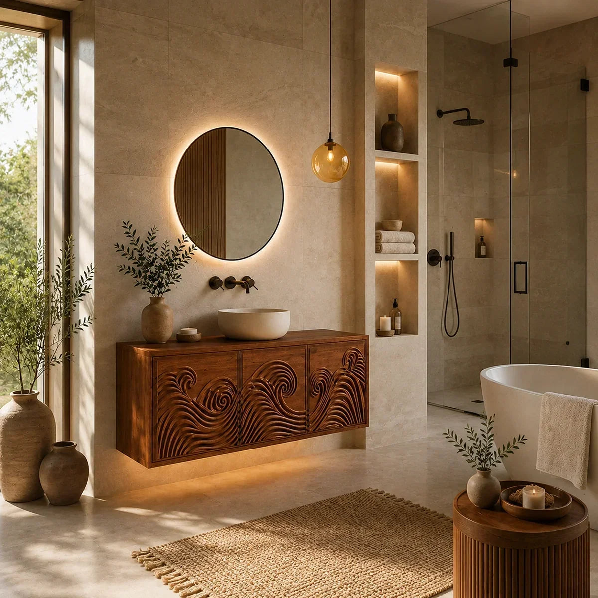 Traditional Bathroom Vanity with Hand-Carved Wave Cabinet Fronts in Natural Solid Wood