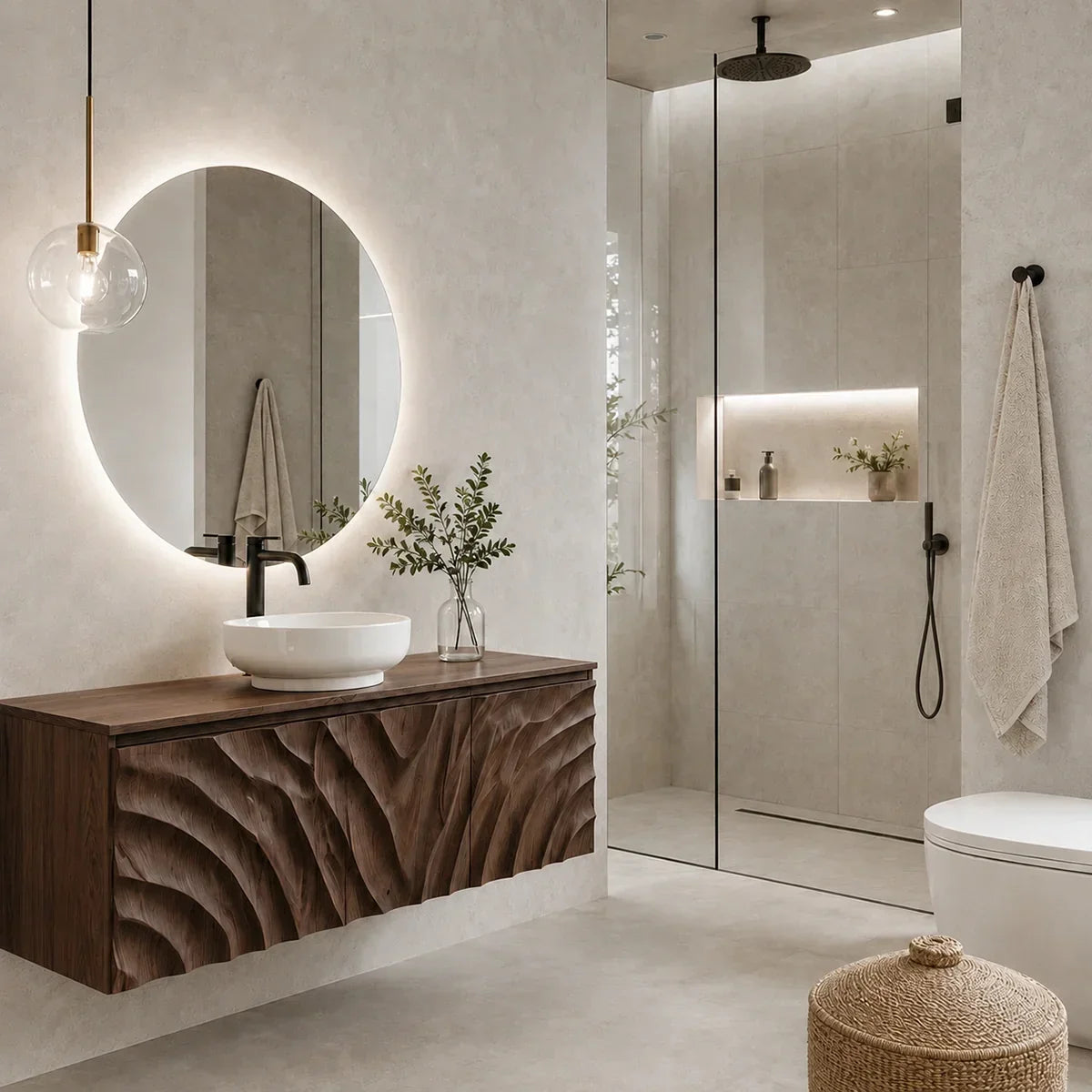 Traditional Bathroom Vanity with Hand-Carved Wave Front in Natural Solid Wood