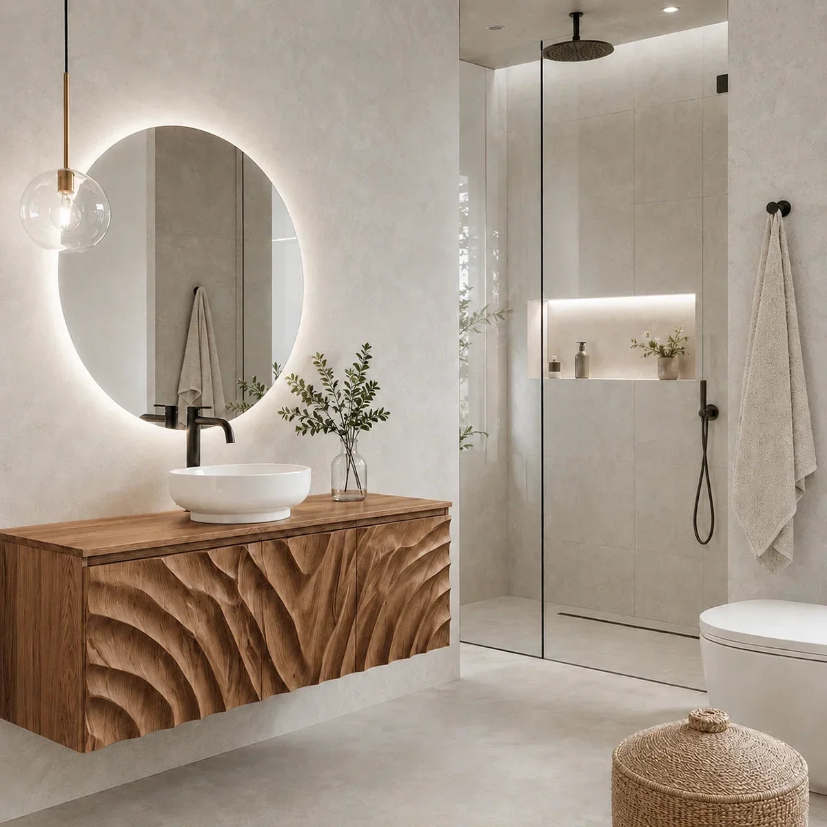 Traditional Bathroom Vanity with Hand-Carved Wave Front in Natural Solid Wood
