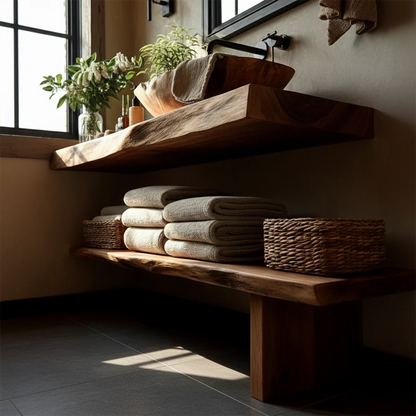 Live Edge Floating Bathroom Vanity – Natural Solid Wood Wall Mounted Sink Shelf