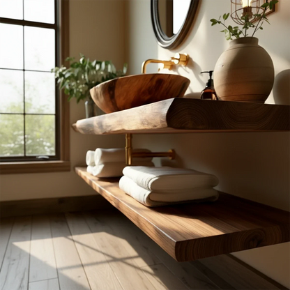 Rustic Live Edge Bathroom Counter with Floating Wood Shelf