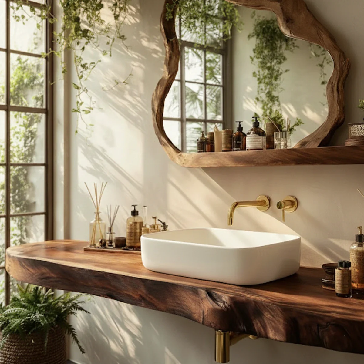 Organic Live Edge Solid Wood Bathroom Vanity Counter with Floating Mount