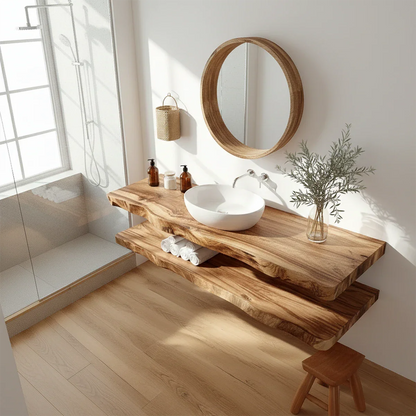 Minimalist Live Edge Solid Wood Vanity Counter with Dual Floating Shelves