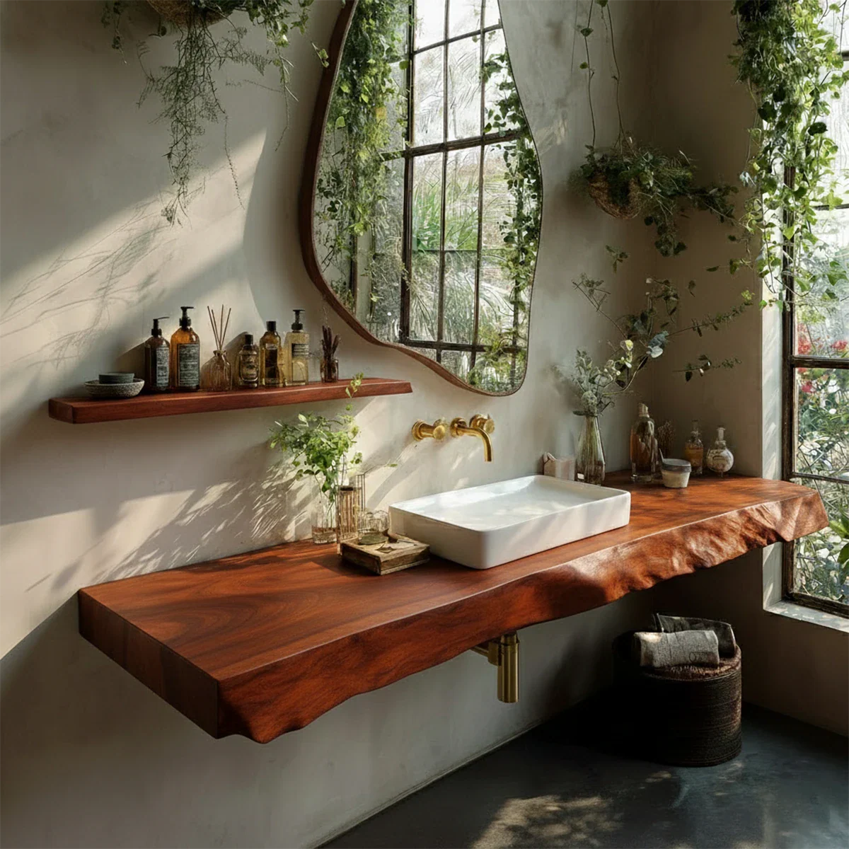 Natural Solid Wood Live Edge Vanity Shelf for Contemporary Bathrooms