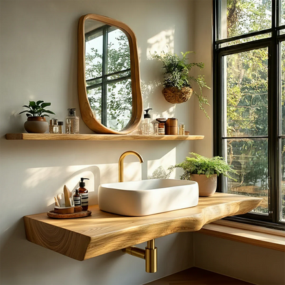 Organic Live Edge Wood Bathroom Countertop Vanity with Wall Mount Shelf