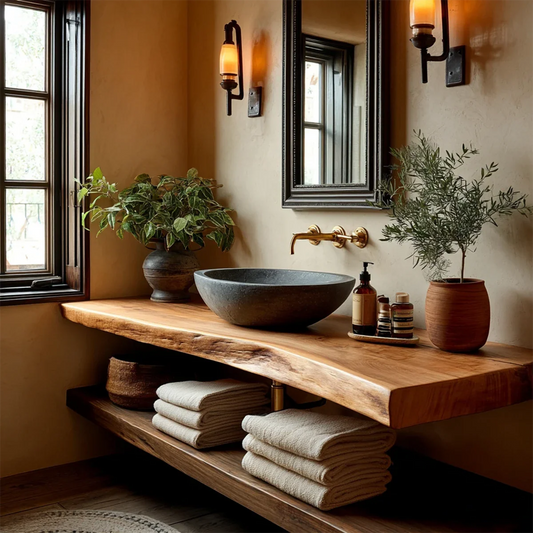 Handcrafted Live Edge Bathroom Vanity Shelf with Floating Wood Design