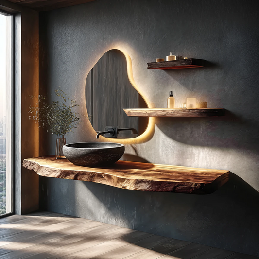 Contemporary Floating Live Edge Wood Bathroom Countertop Shelf