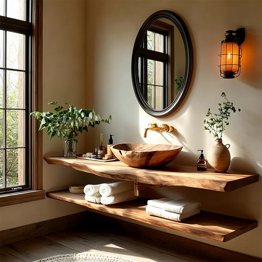 Rustic Live Edge Bathroom Counter with Floating Wood Shelf