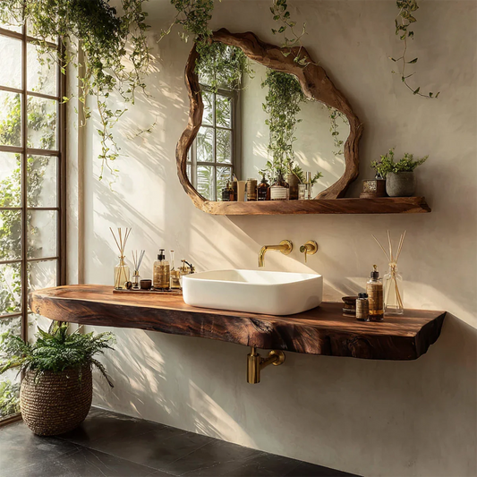 Organic Live Edge Solid Wood Bathroom Vanity Counter with Floating Mount