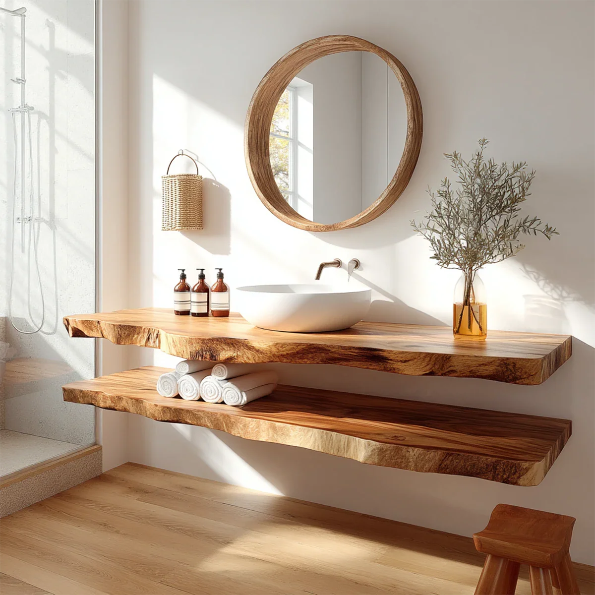 Minimalist Live Edge Solid Wood Vanity Counter with Dual Floating Shelves