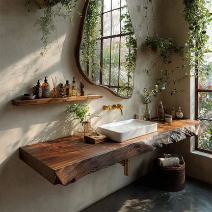 Natural Solid Wood Live Edge Vanity Shelf for Contemporary Bathrooms