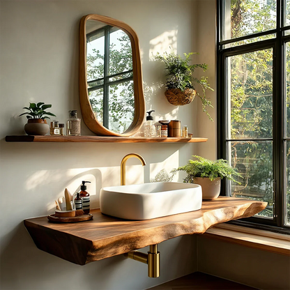 Organic Live Edge Wood Bathroom Countertop Vanity with Wall Mount Shelf