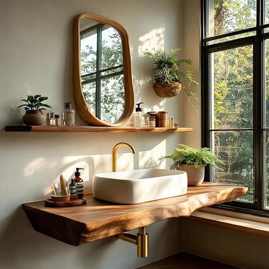 Organic Live Edge Wood Bathroom Countertop Vanity with Wall Mount Shelf