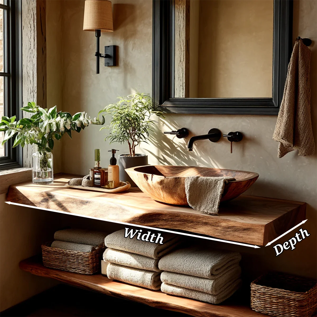 Live Edge Floating Bathroom Vanity – Natural Solid Wood Wall Mounted Sink Shelf