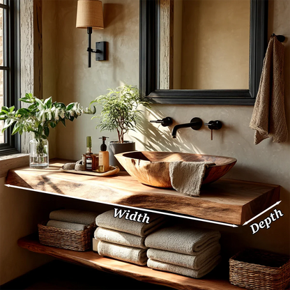 Live Edge Floating Bathroom Vanity – Natural Solid Wood Wall Mounted Sink Shelf