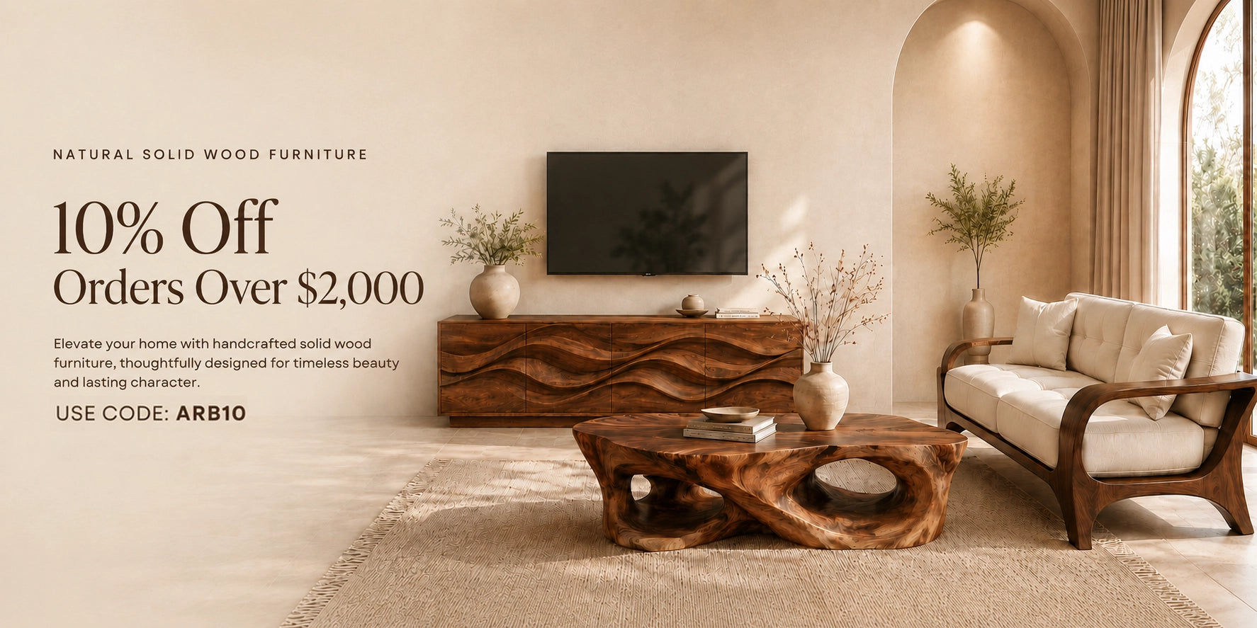 Handcrafted solid wood sideboard with wave carving and sculptural coffee table in a modern living room by Arboriswood