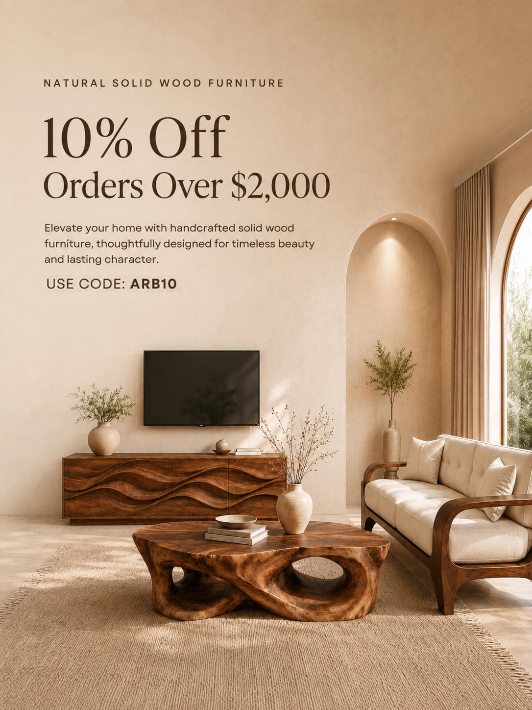 Handcrafted solid wood sideboard with wave carving and sculptural coffee table in a modern living room by Arboriswood