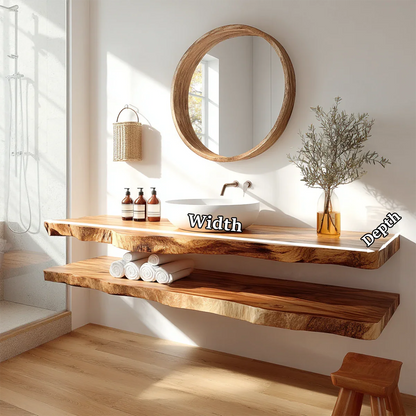 Minimalist Live Edge Solid Wood Vanity Counter with Dual Floating Shelves