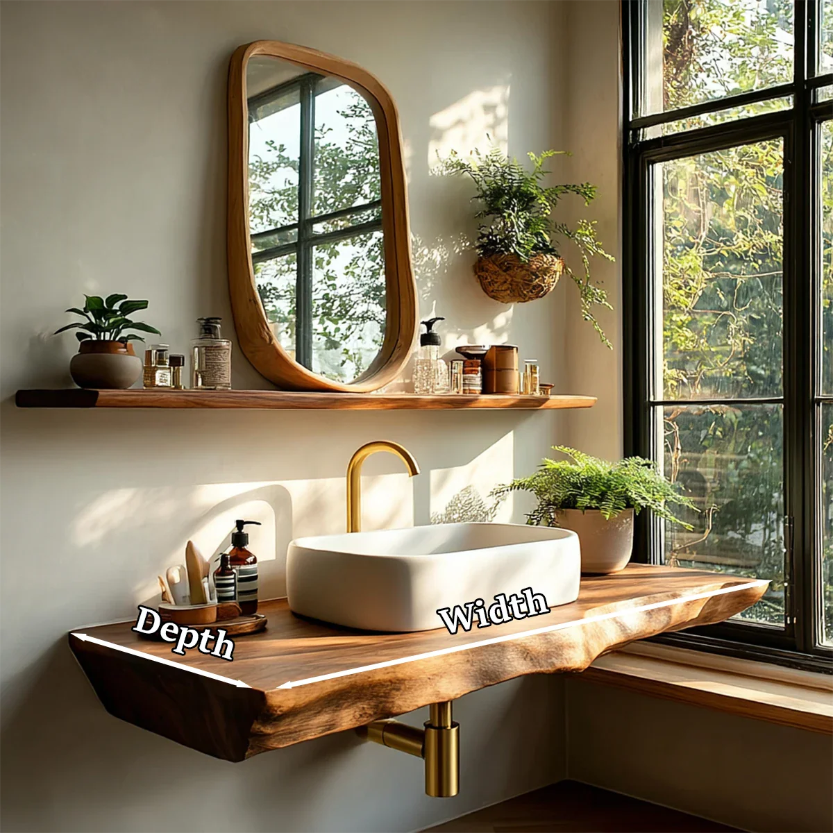 Organic Live Edge Wood Bathroom Countertop Vanity with Wall Mount Shelf