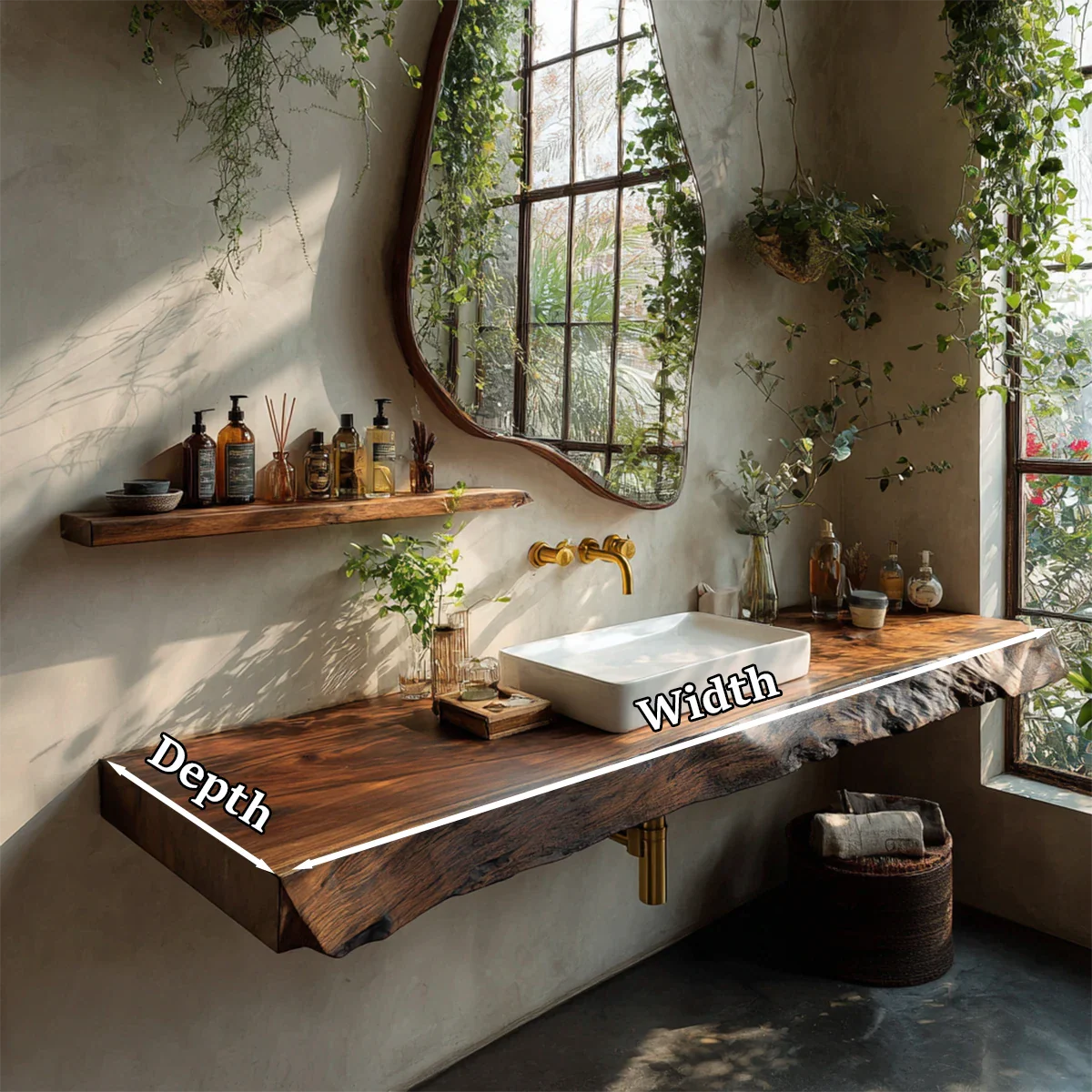 Natural Solid Wood Live Edge Vanity Shelf for Contemporary Bathrooms