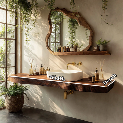Organic Live Edge Solid Wood Bathroom Vanity Counter with Floating Mount