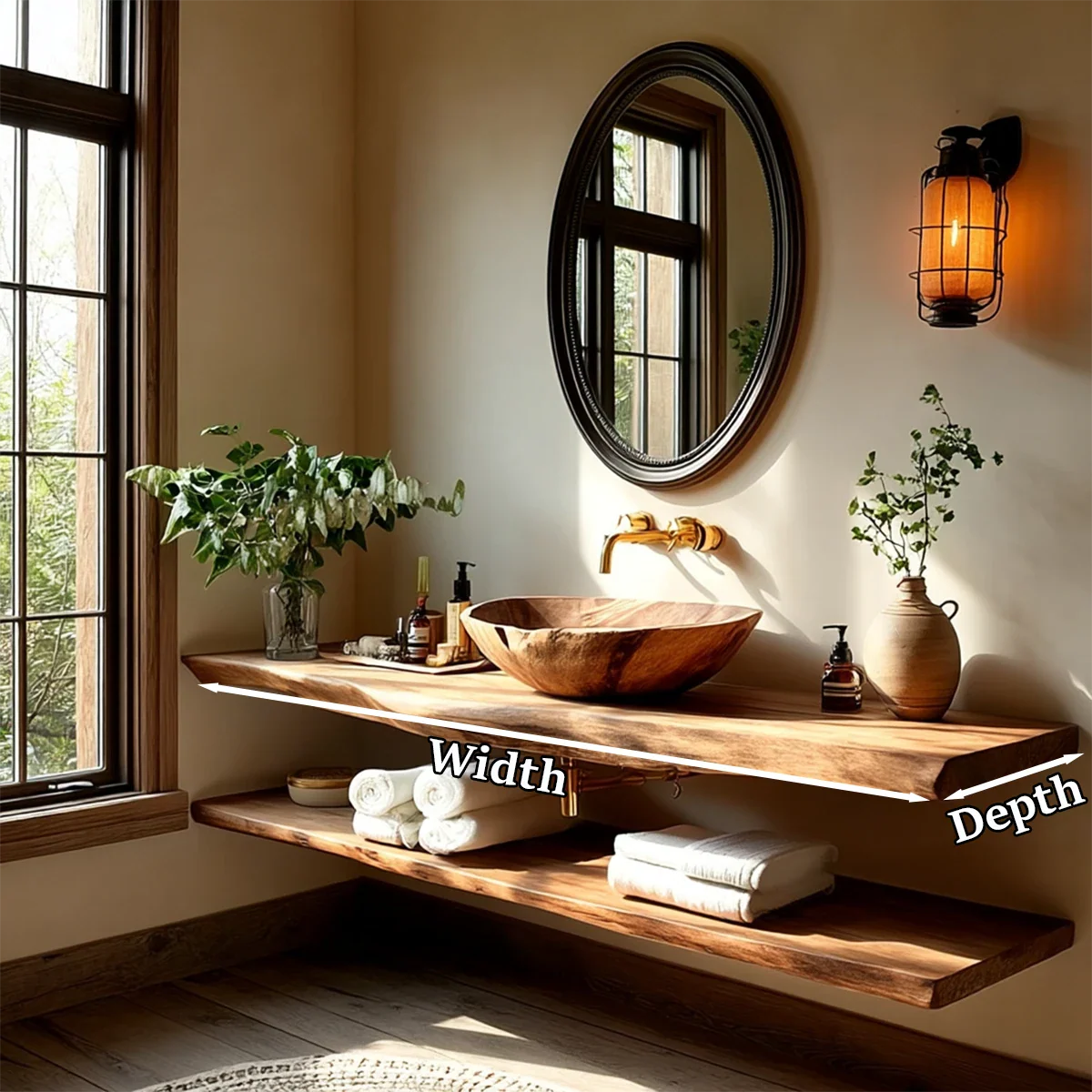 Rustic Live Edge Bathroom Counter with Floating Wood Shelf