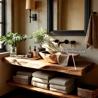 Live Edge Floating Bathroom Vanity – Natural Solid Wood Wall Mounted Sink Shelf