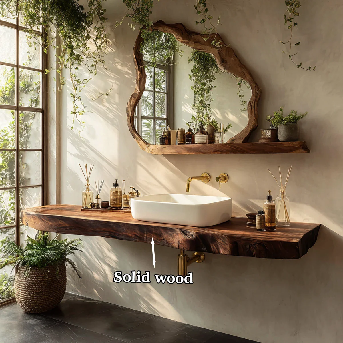 Organic Live Edge Solid Wood Bathroom Vanity Counter with Floating Mount