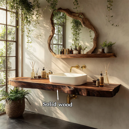Organic Live Edge Solid Wood Bathroom Vanity Counter with Floating Mount