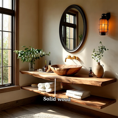 Rustic Live Edge Bathroom Counter with Floating Wood Shelf