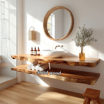 Minimalist Live Edge Solid Wood Vanity Counter with Dual Floating Shelves