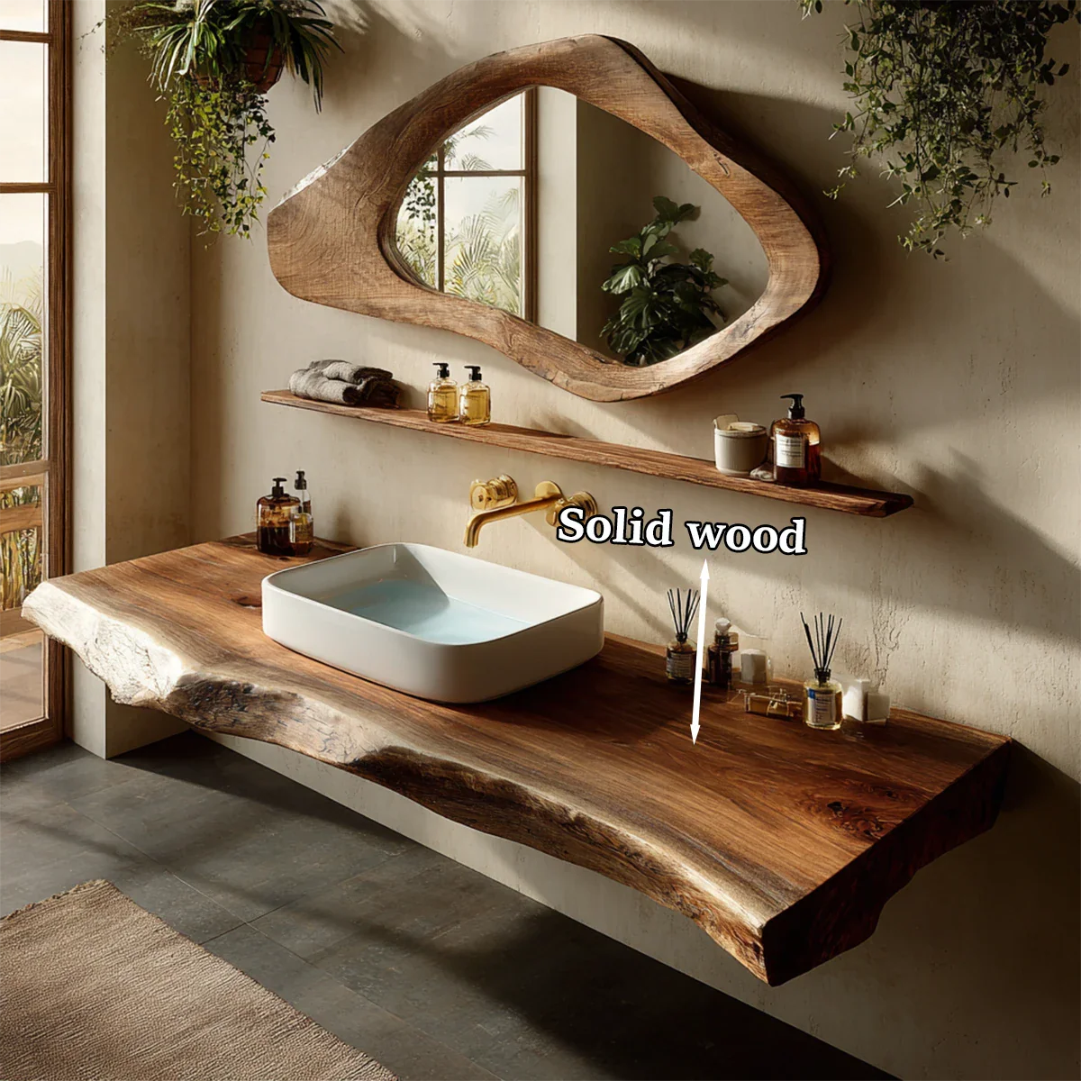 Handcrafted Live Edge Solid Wood Bathroom Counter Shelf