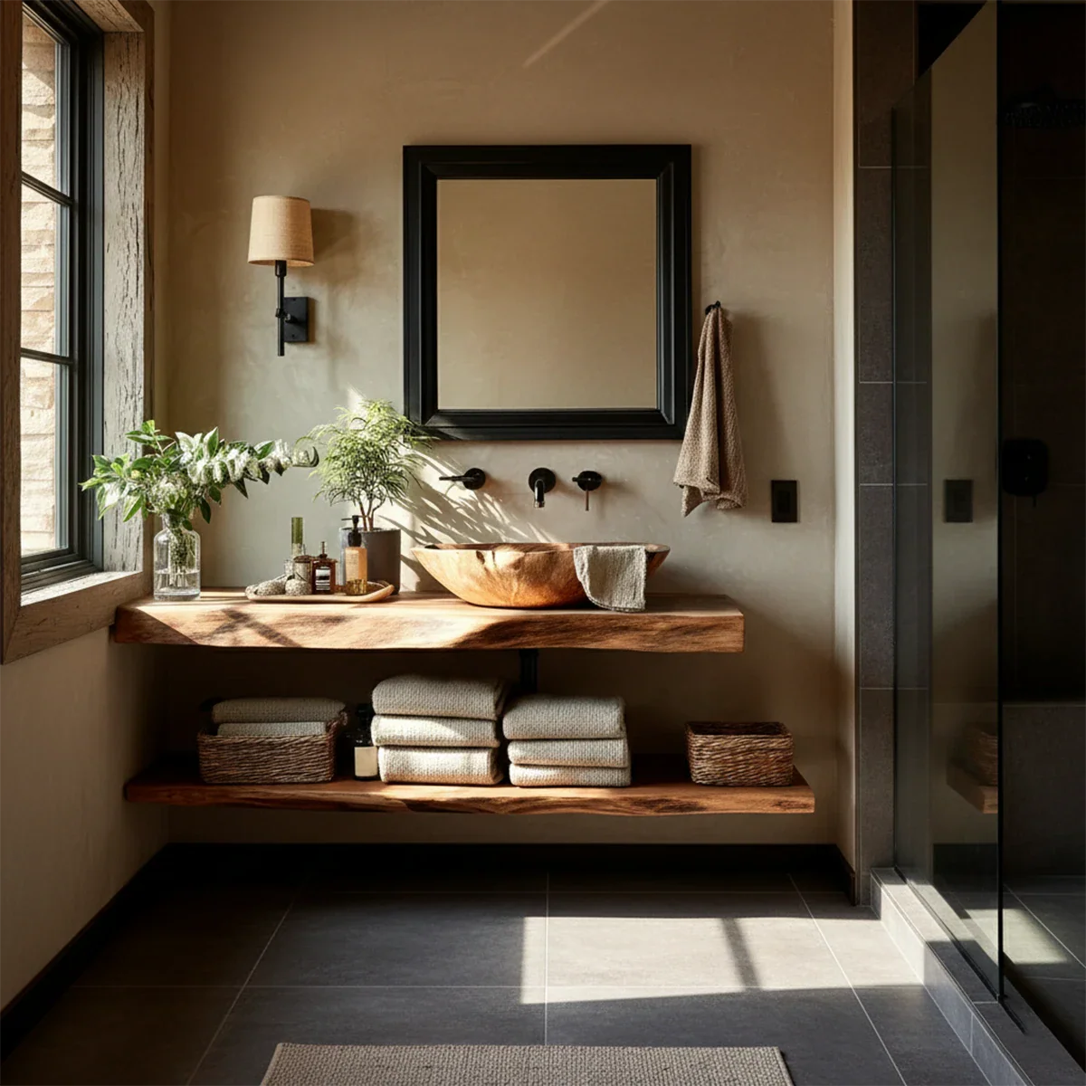Live Edge Floating Bathroom Vanity – Natural Solid Wood Wall Mounted Sink Shelf