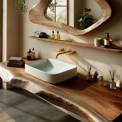 Handcrafted Live Edge Solid Wood Bathroom Counter Shelf