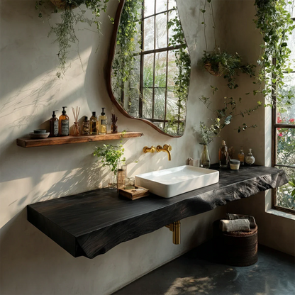 Natural Solid Wood Live Edge Vanity Shelf for Contemporary Bathrooms
