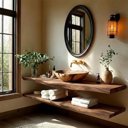 Rustic Live Edge Bathroom Counter with Floating Wood Shelf