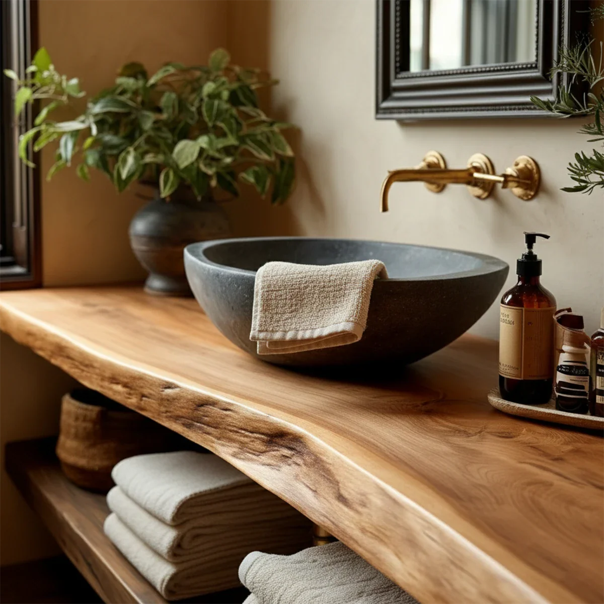 Handcrafted Live Edge Bathroom Vanity Shelf with Floating Wood Design