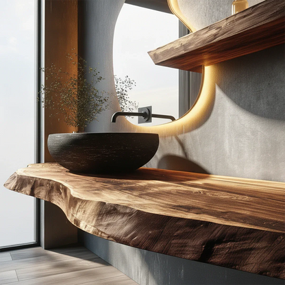 Contemporary Floating Live Edge Wood Bathroom Countertop Shelf