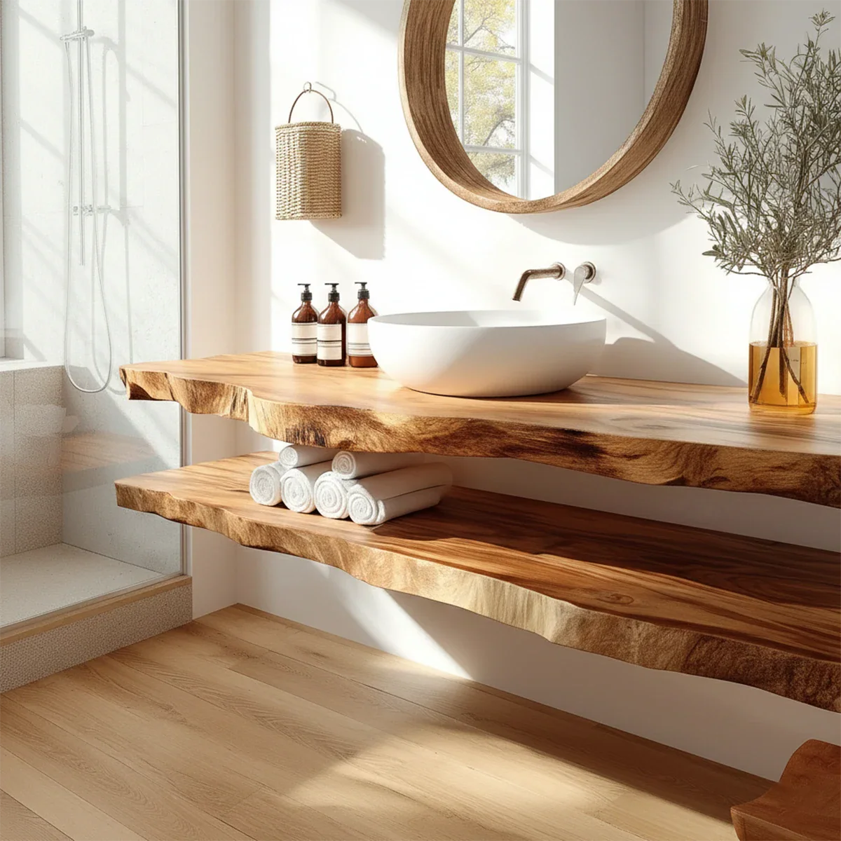 Minimalist Live Edge Solid Wood Vanity Counter with Dual Floating Shelves