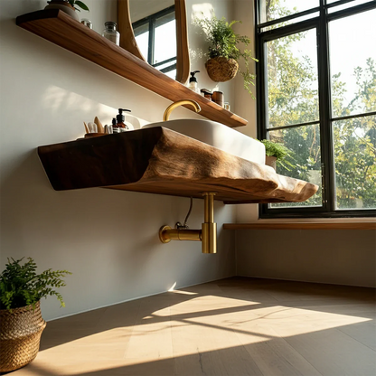 Organic Live Edge Wood Bathroom Countertop Vanity with Wall Mount Shelf