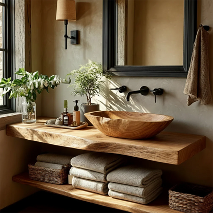 Live Edge Floating Bathroom Vanity – Natural Solid Wood Wall Mounted Sink Shelf