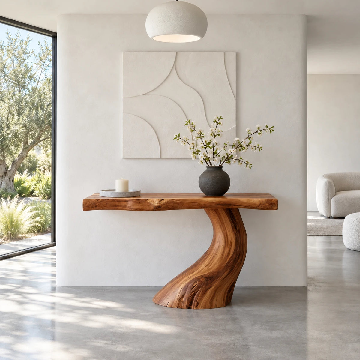 Wood Console Table with Single S-Curve Trunk Pedestal and Live-Edge Slab Top - Arboriswood - 9