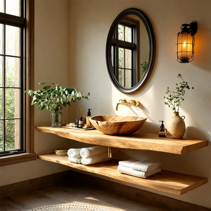 Rustic Live Edge Bathroom Counter with Floating Wood Shelf